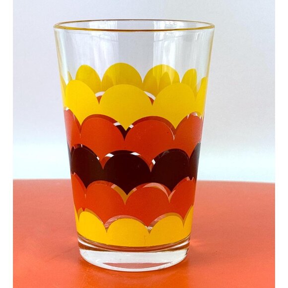 Vintage 70s water glass tumbler, groovy orange yellow brown wave print, Italy - Picture 2 of 8
